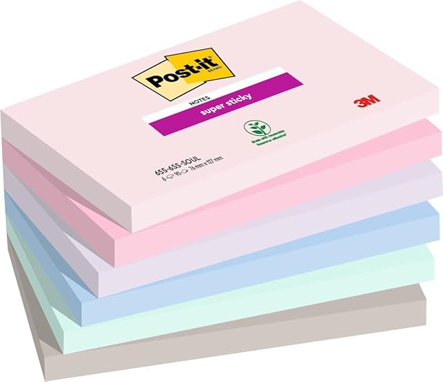 Post-it Super karteczki samoprzylepne, kolekcja Soulful Color, 76 mm x 127 mm, 90 arkuszy/podkładka, 6 płatków/opakowanie