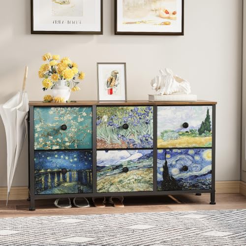 Image of EXOTICA 6 Drawer Dresser for Bedroom Van Gogh Chest of Drawers Wide TV Stands Fabric Storage Drawer Unit for Living Room Entryway Closet Sturdy Steel Frame Wood Top