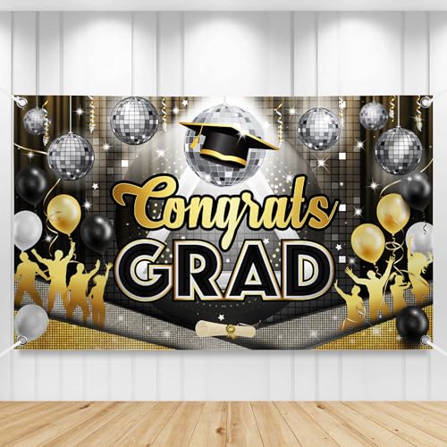 Image of Congrats Grad Banner - 72x44 Inch, Graduation Backdrop Class of 2026 for Black and Gold Graduation Decorations 2026 Disco Grad Banner Prom Night, Graduation Banner for Graduate Party, KatchOn