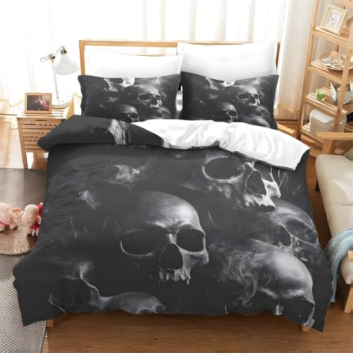 Parure de Lit 200x200 Crâne Noir Gris Microfibre Doux avec Taies - 3