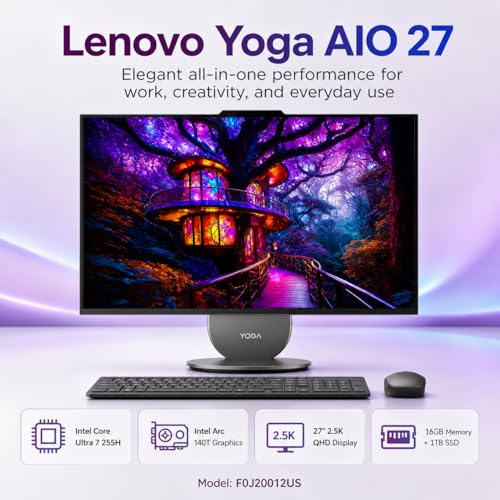 Image of Lenovo Yoga All in one Desktop AI PC, 27 inch 2K QHD IPS Display, Intel Core Ultra 7 255H (96-Tops, Up to 5.1 GHz), 16GB 6400 MHz LPDDR5X | 2 TB SSD, Wi-Fi 7, Wireless Keyboard, Mouse Windows 11 Pro