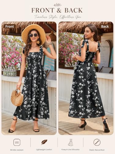 Image of BROVAVE Women Summer Floral Dress: Casual Square Neck Flowy Boho Beach Midi Sundress Sleeveless Tie Shoulder Vacation Daily