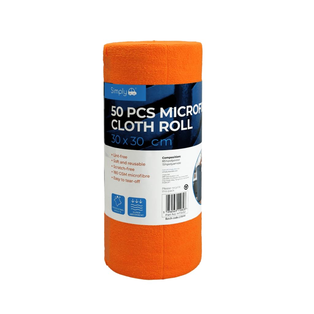 Simply Auto Roll of 50 Microfibre Cloths, 30x30cm Premium Reusable Multi-Purpose Cleaning Absorbent Towels, Super Soft Multiple of uses around the car and home