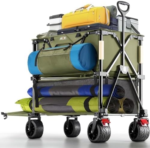 Overmont 400L Double Decker Wagon, Heavy Duty 450lbs Capacity Collapsible Wagon Cart with 47" Extender, Large Folding Utility Wagon with All-Terrain Wheels for Camping, Beach, Gardening, Green