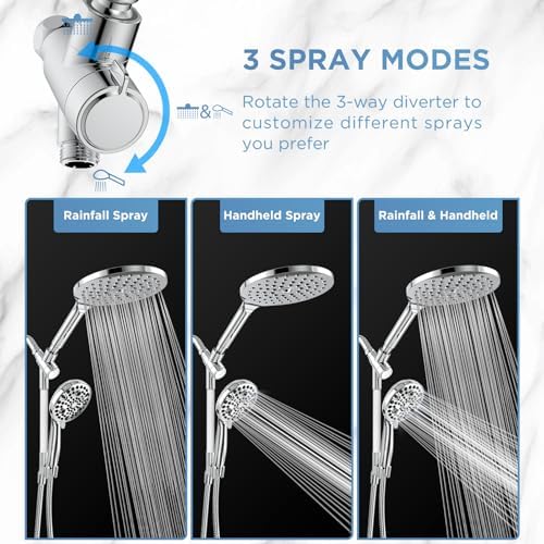 MakeFit Rain Shower Heads System, 3-Spray Dual Shower Head with Solid Brass Adjustable Bar, Rainfall Showerhead with 10 Settings High Pressure Handheld Spray, Buit-in Power Wash Mode (Chrome) - 4