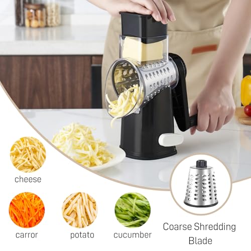 Weltonhm Rotary Cheese Graters with 4 Blades, Hand Crank Cheese Grater with Waffle Slicer, Black and White Cheese Shredder with Suction Base, Easier for Shredding & Grating (Black, 4 Graters) — view 5