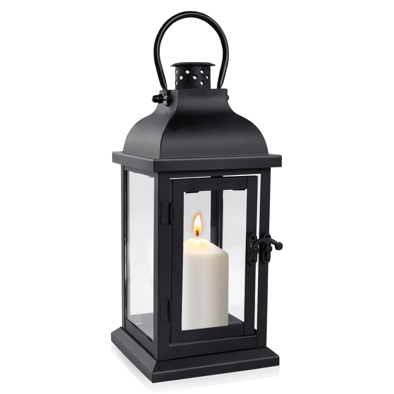 Lanterna per Candele All'aperto Nero,Lanterna Retrò Resistente Alle Intemperie in Metallo Nero,Lanterne per Candele in Acciaio Inox con Vetro Temperato, per Esterni, Portacandele e Decorazione