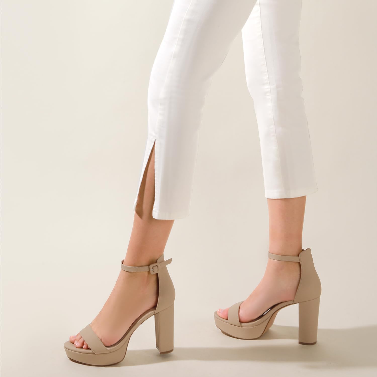 Ankis Chunky Platform Heels - 4 Inch Block Heeled Sandals for Women - Comfortable Open Toe Strappy Heels - Black, Nude, White, Silver, Gold - Summer Dress Shoes - Image 2