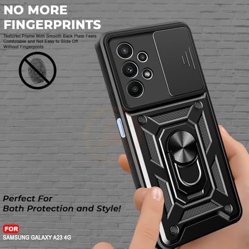 Image of Armor Bumper Back Cover Case for Samsung A23 4G Rotating Camera Cover, Ring Holder & Kickstand | Heavy Duty & 360 Degree Protection Samsung A23 4G Back Cover (Black)