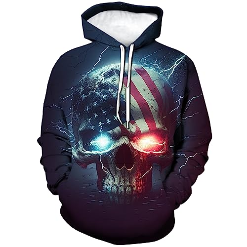 LAOLIUSN Men's Lightning Skull Hoodie Patriotic Theme Sweatshirt American Flag Graphic Pullover, White, Small