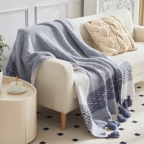 Periwinkle Purple Knit Throw Blanket With Pom Fringes, Modern Farmhouse Home Decor Soft Lightweight Cable Knit Throw Blanket For Couch Sofa Bed Baby Nursery, 51" X 63" Size Oeko-Tex Certified #TOP7