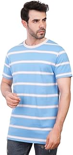 تيشيرت مخطط برقبة دائرية وأكمام قصيرة للرجال من كوب، مقاس M، لون أزرق سماوي، 1000754