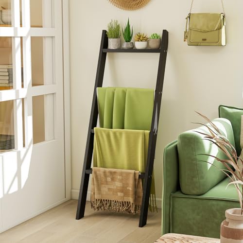 RELAX4LIFE Portasciugamani da Terra in Legno a 4 Livelli, Portasciugamani Decorativo Rustico, Scaffale a Scala per Bagno, Soggiorno e Camera da Letto, 51 x 8 x 137 cm (Nero)