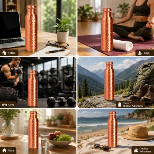 Image of Pure Copper Water Bottle, Copper Drinking Bottle 32 oz, Hammered, Ayurvedic | 100% Pure Copper, Hand Hammered, 32 oz, Leak-Proof Screw Cap, Includes Cleaning Brush, Reusable, Travel-Ready