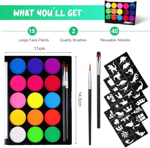 URAQT UV Kinderschminke Set, 15 Farben Schminkfarben Schminkpalette, Waschbar Face Paint Bodypaint Schminkset, Körperfarbe Kinder für Halloween Karneval Make-up Fasching