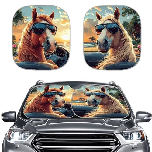 Image of Funny Horse Car Sun Shade for Windshield 2 Pack Sun Shield for Front Window Blocks UV Rays Easy to Install Car Interior Accessories Sun Protection for Cars Truck SUV