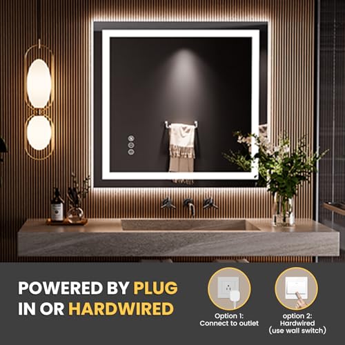 Image of LOAAO 28 inchx30 inch LED Bathroom Mirror with Lights, Anti-Fog, Dimmable, Backlit + Front Lit, Lighted Bathroom Vanity Mirror for Wall, Memory Function