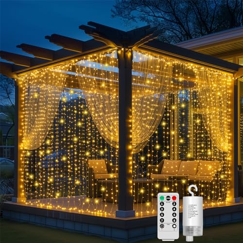 GCMacau Cortina de Luces, 6x3M 600 LED Luces Cortina a Pilas, 8 Modos de Control Remoto y Temporizador, Luz Cadena Interior Exterior para Ventana Dormitorio Jardín Navidad Bodas Fiestas Decoración