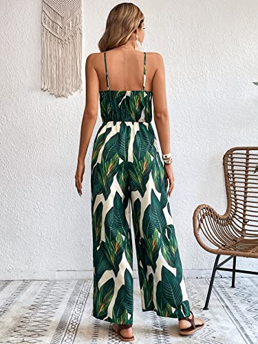 Verdusa Women's Tropical Print V Neck Spaghetti Strap Wide Leg Cami Jumpsuit Romper Green M #TOP1