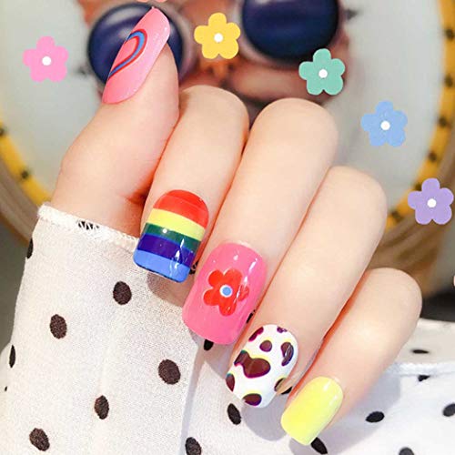 Outyua Short Rainbow Press on Nails Square Leopard Glossy Fake Nails Acrylic Full Cover False Nails for Women and Girls