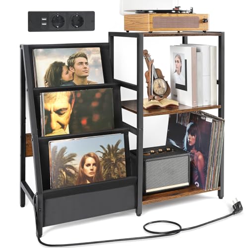 Bikoney Meuble Platine Vinyle avec Prise de Courant, Table d’Appoint à 3 Niveaux pour Tourne-Disque et Rangement jusqu’à 200 Albums, Support Design pour Disques et...