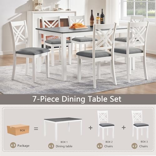 Image of Harper & Bright Designs 58.5 inch Lx34.5 W Solid Wood 7-Piece Dining Table Set for 6, Grey White Two-Tone Kitchen Dining Room Set with 6 Upholstered Chairs, Rubber Wood Frame, 330LBS Capacity