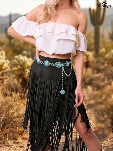 Image of Turquoise Chain Belt for Women, Western Cowgirl Concho Belt | Turquoise Concho Accents with Silver Chains for Western, Cowgirl, Rodeo, Festival and Denim Looks