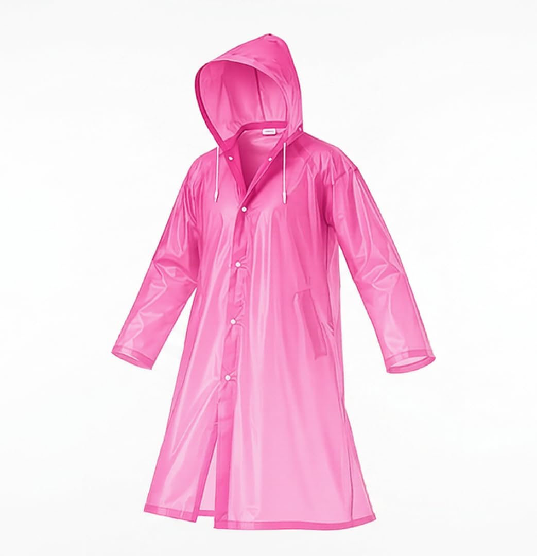Women's Pink Hooded Raincoat, Waterproof Long Rain Jacket with Pockets, EVA Material, Button Closure-picture-28