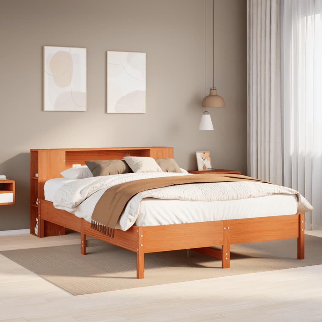 Cama de madera maciza de pino de 140 x 200 cm, color marrón cero, con estante, cabecero de lamas, cama doble, ahorra espacio, para dormitorio, habitación de invitados, habitación juven