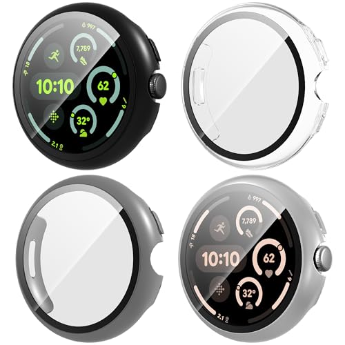 Suoman 4-Pack for Google Pixel Watch 3 45mm Case, HD Tempered Glass Screen Protector, All-Round PC Glossy Protective Cover Bumper（Black+Gun Color+Silver+Clear）