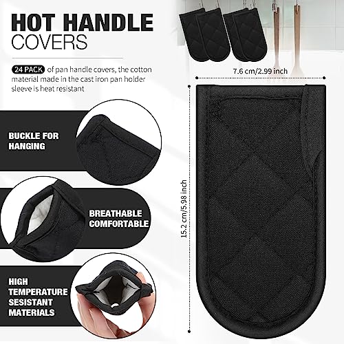 Dandat 24 Set Hot Handle Covers for Daily Replace Use Gift Pan Handle Sleeve Covers Heat Resistant Cast Iron Holder Sleeve Washable Handgrip Mitts for Christmas Kitchen Gifts Craft (Black)