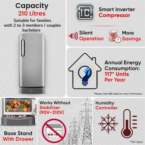Image of LG 210 L, 5 Star, Smart Inverter, Direct Cool Single Door Refrigerator (GLD2256ZAPZ, Shiny Steel, Fit Max Chiller Tray, Base stand with Drawer & Runs on Home Inverter)