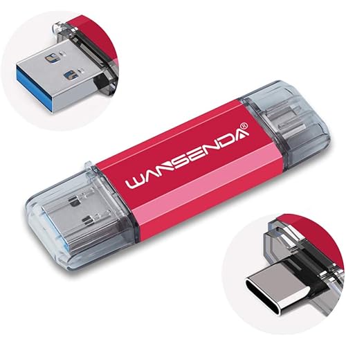 WANSENDA OTG USB Flash Drive 2 in 1 USB Photo Stick USB 3.0/3.1 & Type-C Phone Storage for Android Devices/PC/Mac (64GB, Red)