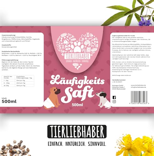 Tierliebhaber – Läufigkeitssaft für Hündinnen 500ml mit Mönchspfeffer – Kräuter-Saft zur Unterstützung bei Scheinschwangerschaft & hormonellen Unstimmigkeiten – Mittel gegen Scheinträchtigkeit Hund