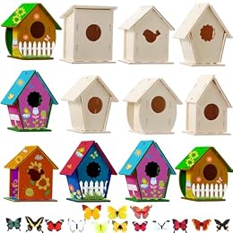 Sawysine 107 Pcs DIY Birdhouse Kits for Kids Ages 5-8 8-12, 48 Wooden Bird House Kits in 6 Shapes and 57 Butterfly Sticker for Children Summer Craft Art Activity, DIY Project(107,Multiple Entrance)