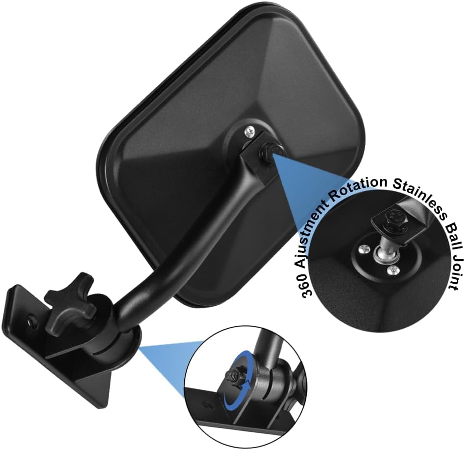 Square Side Mirror Compatible with 1997-2018 Jeep Wrangler TJ & JK JKU, No-Slip Stabilizer Base, Wider View Glass, Zero Vibration, Direct Bolt-On Replacement (Left+Right Set)