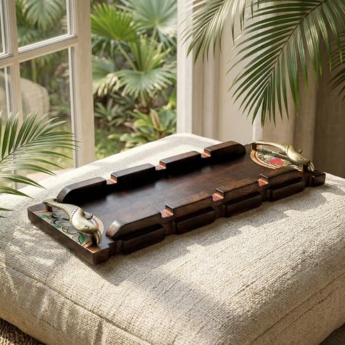 Image of AAKRITI ART CREATIONS Handcrafted Tray with Warli Design & Fish Handles | Madhubani Art | Brown Wooden Tray | Matte Finish Serving Tray | Tray for Dining Table & Kitchen