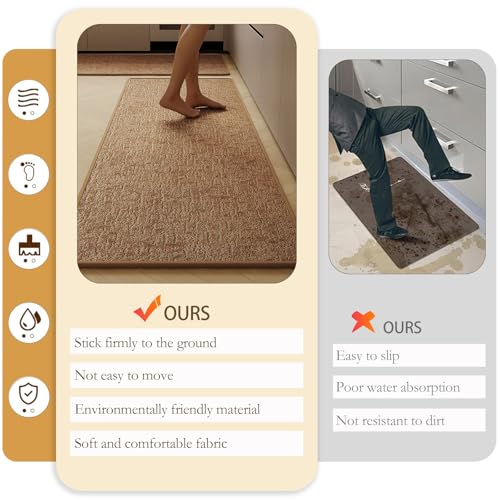 Kitchen Mats for Floor 2 Piece Washable Rugs Non Slip Kitchen Rug Sets, Absorbent Corner L Shaped Rug Runner Non Slip Kitchen Mat Set for Shower, Bathroom, Indoor Door (Khaki Rug, 31“×20“+51“×20“) by HPSTZNB - Image 9