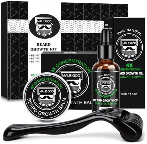 MALE GOD Beard Kit, Beard Growth Kit w/Natural Ingredients Beard Oil & Balm & Comb, Beard Growth Oil w/4X Thickening Biotin, Fathers Day | Chrismtas | Birthday Gifts for Men Him Husband Boyfriend Dad
