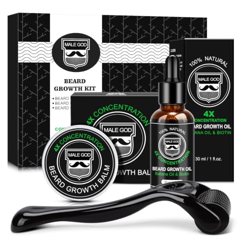 MALE GOD Beard Kit, Beard Growth Kit w/Natural Ingredients Beard Oil & Balm & Comb, Beard Growth Oil w/4X Thickening Biotin, Fathers Day | Chrismtas | Birthday Gifts for Men Him Husband Boyfriend Dad