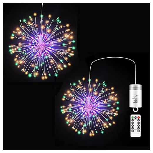 Happy Spark Firework Lights 2 Pack LED Copper Wire 8 Modes Waterproof Battery Operated Chandelier with Remote Fairy Lights, Waterproof Fireworks Lights Decorations String Wire Lights -Colorful