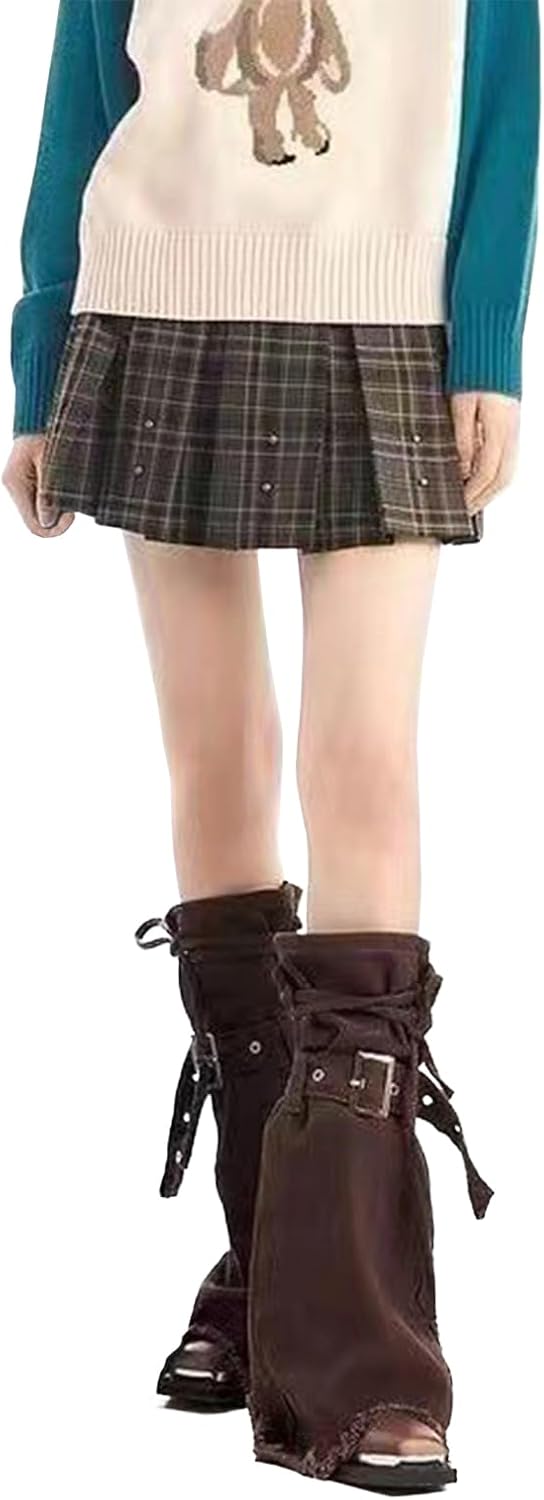 FakeFace Womens Gal Clothes, Y2k Fashion, Flared Pants, Denim, Lace-up, Boot Cover, Length Effect, Mine-based Clothes, Korean Fashion, Womens Leg Warmers, Dark Style, Harajuku Style, Street, Loose