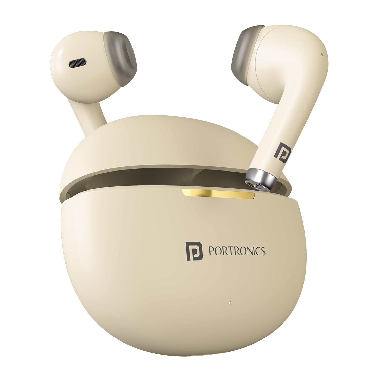 Portronics Harmonics Twins S19 Earbuds with phone, showing Bluetooth V5.3 instant connectivity