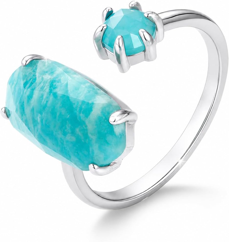 Amazonite Stone Rings for Women Adjustable Open Statement Ring | Aquamarine Amazonite stone with blue-green tone, adjustable fit for daily wear, stacking and gift occasions.