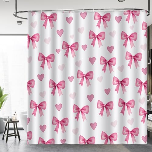 Pink Bows Hearts Shower Curtain Girly Cute Watercolor Aesthetic Bathroom Decor Kids Girls Teens White Pink Romantic Lovely Sweet Bathtub Curtain Fabric Shower Curtain Set with 12 Hooks, 72"x72" by Aimego - Used condition - Image 4