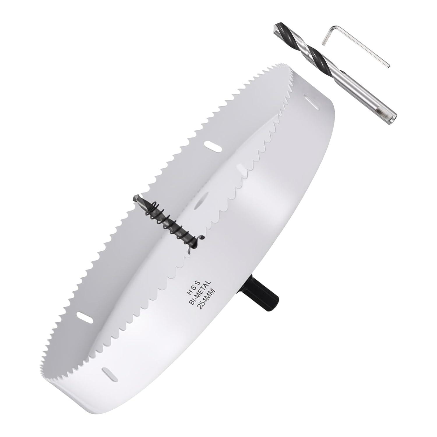METALLIXITY Bi-Metal Hole Saw 10", M42 HSS Circular Head 254mm Hole Cutter with 2 Pilot Drill Bits - for Thick Stainless Steel Hard Steel Sheet, White