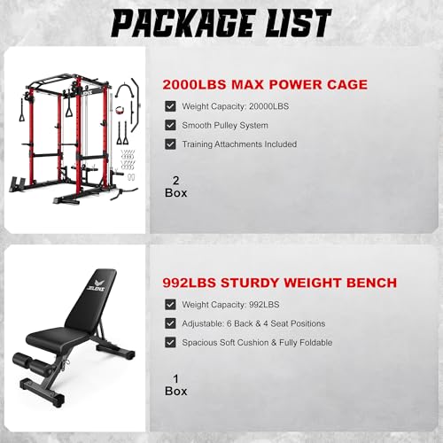 JELENS C12 Squat Rack for Home Gym, 2000LBS Power Rack with Adjustable Pulley System, Power Cage Workout Equipment with LAT Pulldown and Training Attachment (Red, Weight Bench Package) - Thumbnail 2