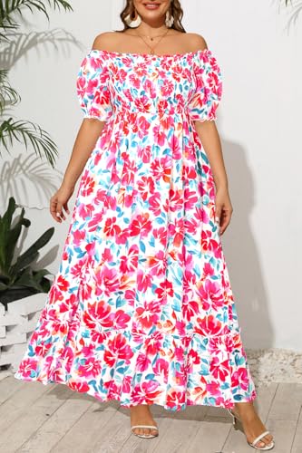 Image of Plus Size Summer Dresses Sun - Maxi Boho Casual Off Shoulder Floral Lace Long Dress with Pockets