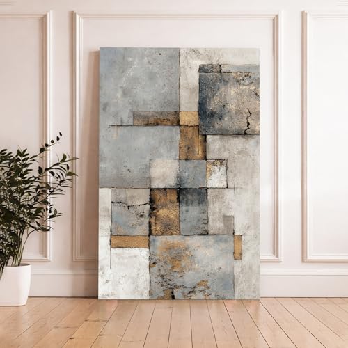 Image of Abstract Textured Stretched Canvas Painting For Living Room | Concrete Geometric Stretched Canvas Wall Art For Livingroom Home Decor, Bedroom, Hallway's, Office, Hotel - 56x86 cm