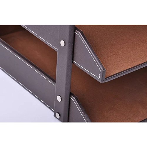 UnionBasic PU Leather Stackable Office File Document Tray Case Rack Desk File Document Organizer Holder (Brown (3-Tray))